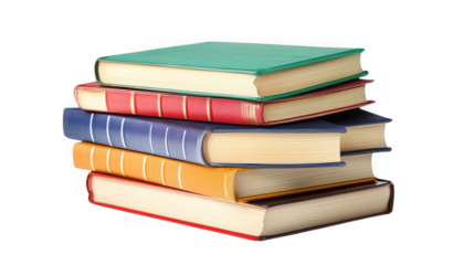 Stack of colorful hardcover books for education and knowledge concepts on transparent background