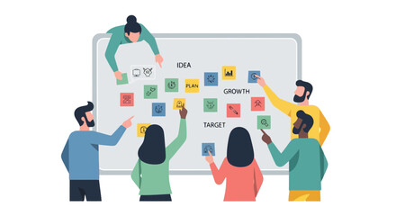 Collaborative brainstorming session with diverse team members using sticky notes on a whiteboard for strategic planning and idea generation in a modern office environment.