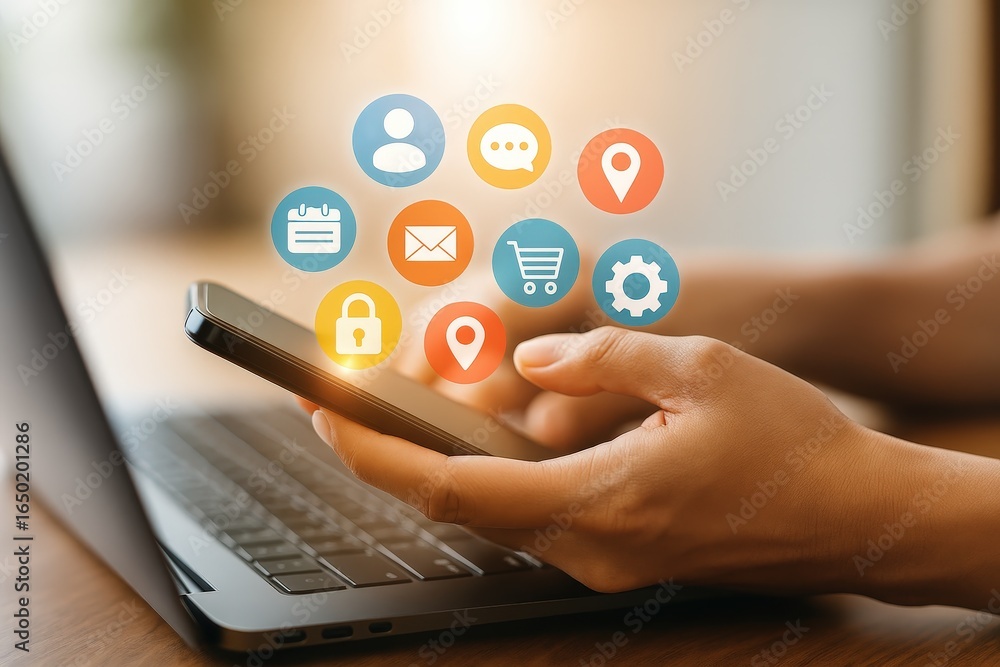 Poster a person uses a smartphone with various app icons displayed.