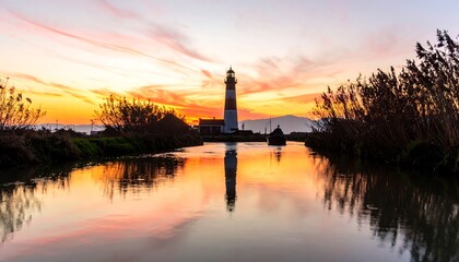 Fototapeta premium Calm water reflects a lighthouse silhouetted against a vibrant sunset sky
