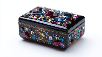 Obraz premium Close up of a black jewelry box adorned with colorful gemstones on a white background studio shot