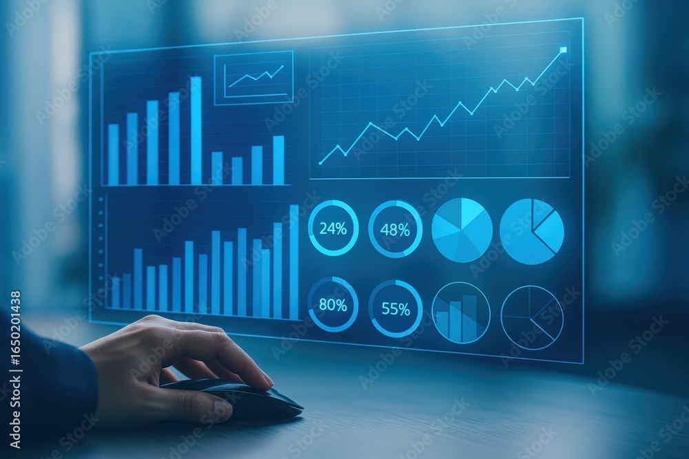 Poster hands interacting with a digital dashboard displaying various graphs and charts.