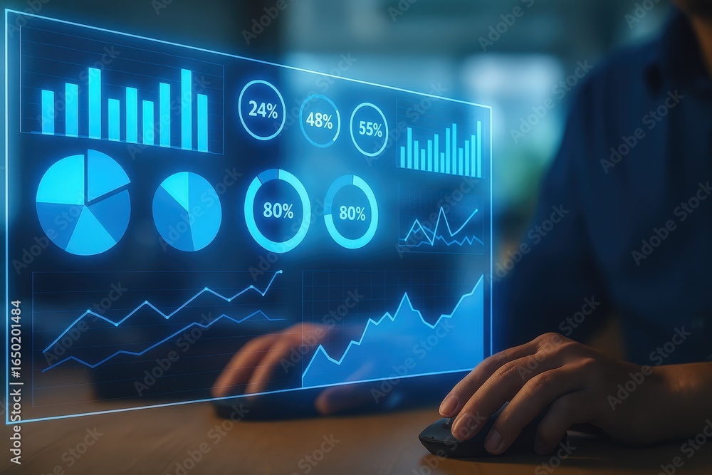 Poster projected data visualizations displayed on a screen.