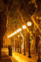 Cagliari, Sardinia, Italy  Piazza del Carmine at night with street lamp illumination.