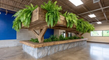 Large wooden structure with hanging ferns and green plants inside modern building