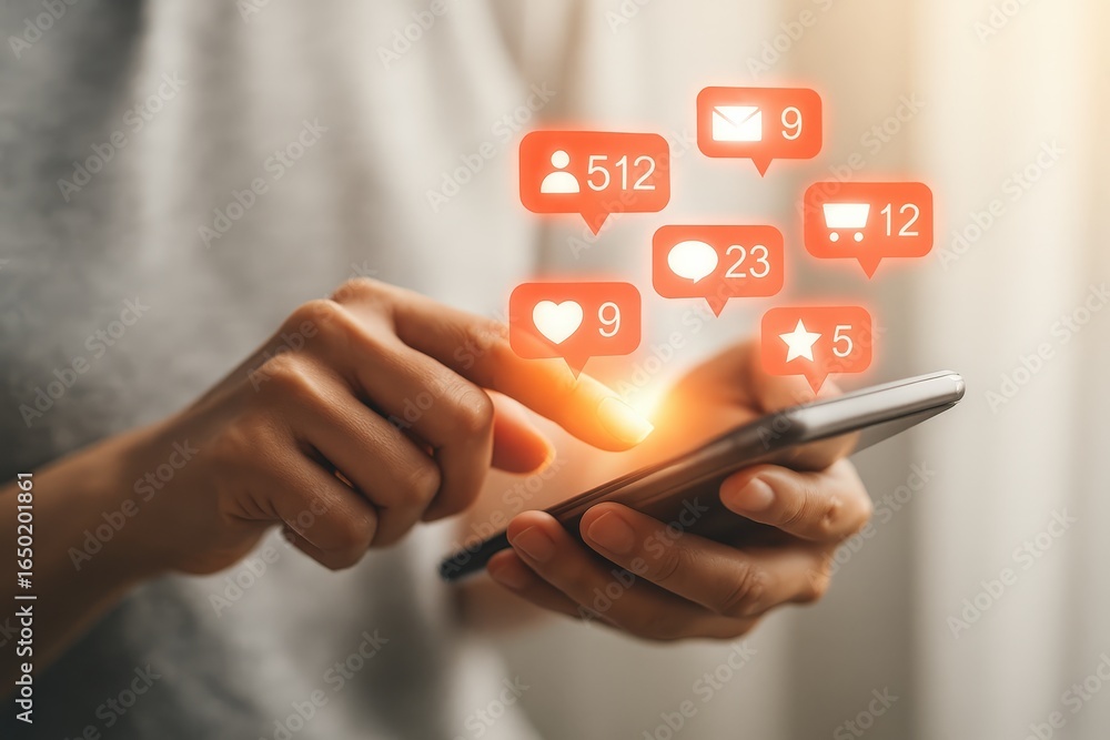 Poster close-up view of hands interacting with a smartphone displaying social media notifications.