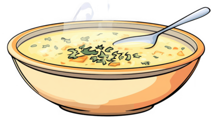 Creamy cartoon soup with spoon, parsley, and carrot pieces on transparent background