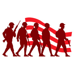 Silhouettes of soldiers marching with american flag