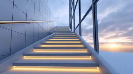 Illuminated staircase leading to a bright horizon, showcasing modern architectural design.