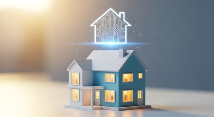 Futuristic smart home technology concept with glowing digital house overlaying a miniature blue house with illuminated windows