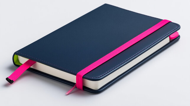 A close up shot of a closed navy blue notebook with a pink elastic band and ribbon bookmark on white