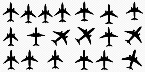 A collection of black airplane icons and silhouettes flying in different directions on a transparent background.