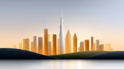 Obraz premium A stunning skyline silhouette at dusk with golden hues and modern architecture.