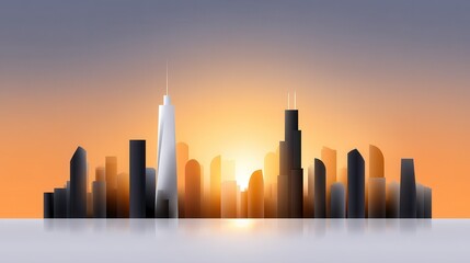 Obraz premium Silhouette of a modern city skyline at sunset with vibrant orange hues.