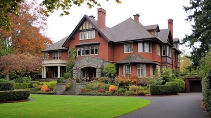 Autumnal Brick Mansion, Lush Gardens, Driveway. Real Estate Listing