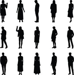 Silhouettes of Standing Men and Women in Various Poses, Vector People Illustration for Design, Presentation, Animation, and Artistic Projects