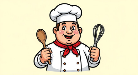 Chef cartoon character holding wooden spoon and whisk cooking and baking food preparation restaurant uniform