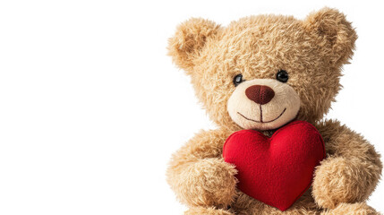 Obraz premium Plush teddy bear holding a red heart, love and affection concept on transparent background