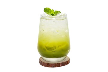 Ice matcha green tea serving with mint topping,put on white background and isolate style.