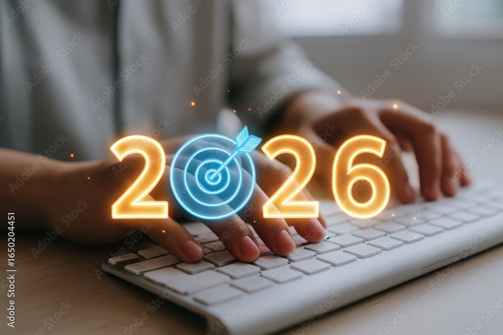 Poster hands typing on a keyboard with the year 2026 displayed with glowing numbers and a target.