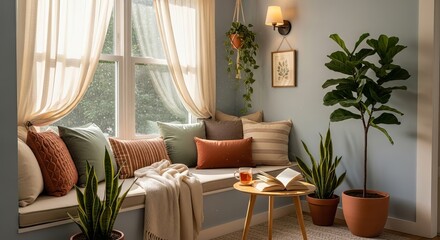 A cozy reading nook featuring comfortable cushions and greenery in a softly lit room.