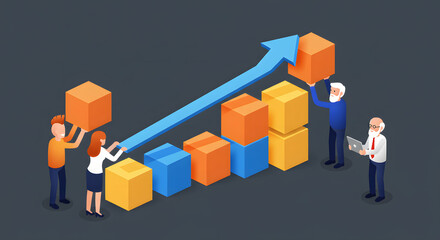 Business team building growth chart with geometric shapes, illustrating teamwork and progress towards successful milestones and strategic company objectives