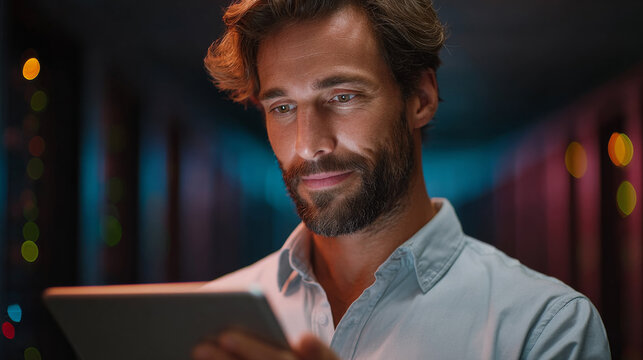 Data Specialist at Work: A focused data specialist examines data on a tablet, the ambient glow of a high-tech server room, showing concentration and the pursuit of digital knowledge.