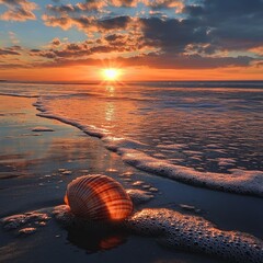 Seashell on the beach at sunset with ocean wave and colorful sky