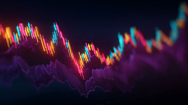 Financial Data Visualization: A mesmerizing view of glowing line, charting the ebbs and flows of finance, with data points ascending, descending.