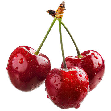 Close-up of three ripe cherries.  Bright red, glossy, wet with water droplets. Stems connect them. Black background