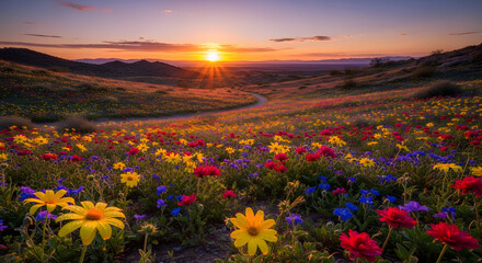 Fototapeta premium Vibrant wildflower meadow bathed in the golden light of a setting sun