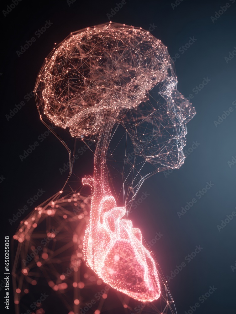 Poster human brain and heart represented in a glowing network of interconnected nodes highlighting the sign