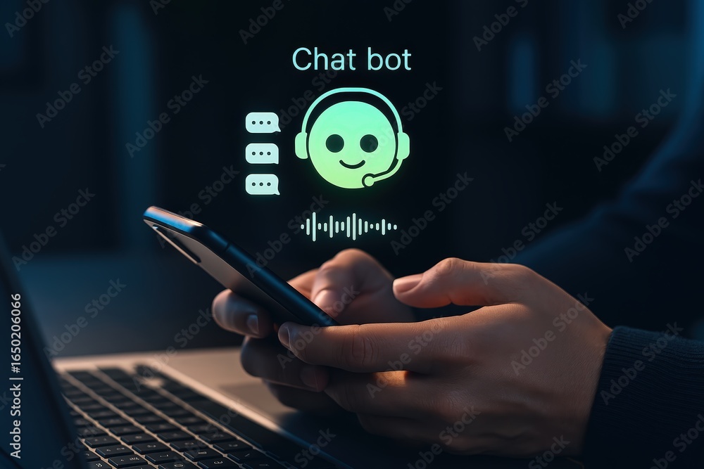 Aufkleber person using a smartphone with a chat bot interface.