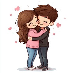 Cartoon Couple Hugging with Hearts Floating Around Them Expressing Love and Affection