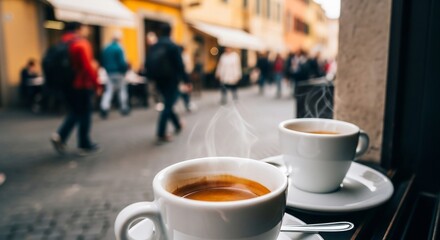 Inviting coffee break scene. Espresso cups beckon against a vibrant city backdrop, perfect for travel blogs, cafe promotions, and reflecting urban life, Italian culture.