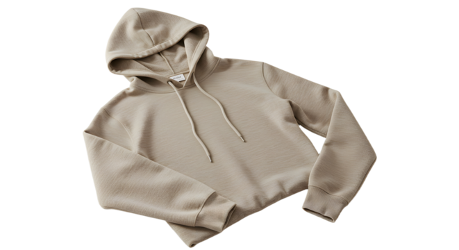 Stylish beige hooded sweatshirt with drawstrings and ribbed cuffs on display.