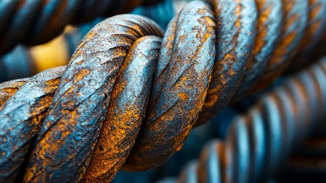 Close-up of rusted steel rebar in construction site with textured metal surface