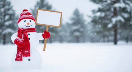 Cheerful Snowman Holding a Blank Sign in a Snowy Winter Forest Scene