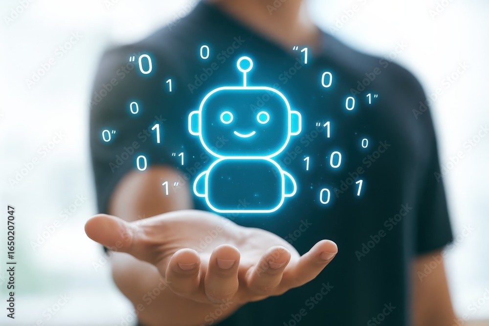 Poster holographic robot image surrounded by binary code.