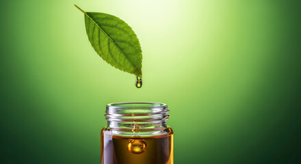 Natural Essence Droplet From Leaf Into Bottle