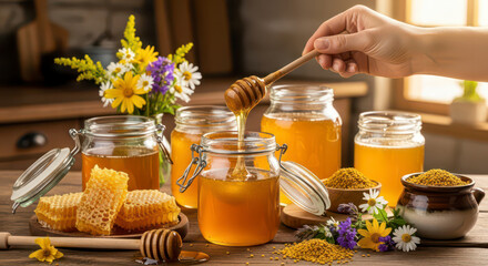 Pure Natural Golden Honey Harvested From Flowers