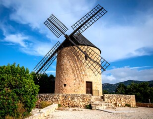 Old stone windmill under a bright sky