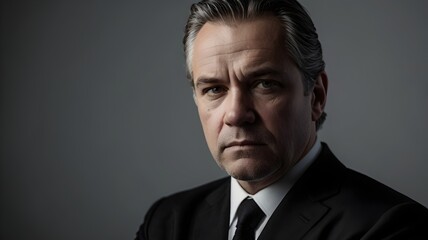 Obraz premium Intense portrait of a handsome, confident executive in a suit, radiating power and authority in a professional setting, ready to lead with determination