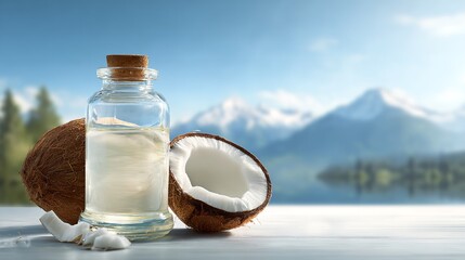 Obraz premium Coconut oil in a glass bottle with a coconut fruit on a white background and blue sky, with an exotic island landscape in the background, Generative AI.