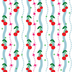 Playful cherry seamless pattern with ribbons and pastel tones. Cute decorative background for fabric, wallpaper, wrapping, stationery, and interior decor projects.