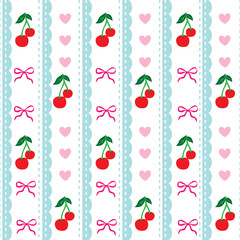 Playful cherry seamless pattern with ribbons and pastel tones. Cute decorative background for fabric, wallpaper, wrapping, stationery, and interior decor projects.