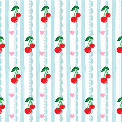Playful cherry seamless pattern with ribbons and pastel tones. Cute decorative background for fabric, wallpaper, wrapping, stationery, and interior decor projects.