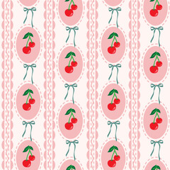 Retro cherry seamless pattern with wavy lines and vintage tones. Decorative design for wallpaper, textile, home decor, wrapping, and stylish surface prints.