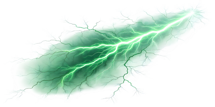 Green lightning bolt isolated on transparent background, a powerful natural phenomenon