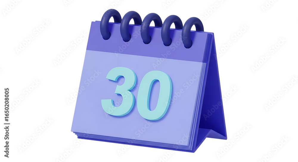 Fototapete 3d rendering of a calendar with the number 30 isolated on transparent background concept of date and